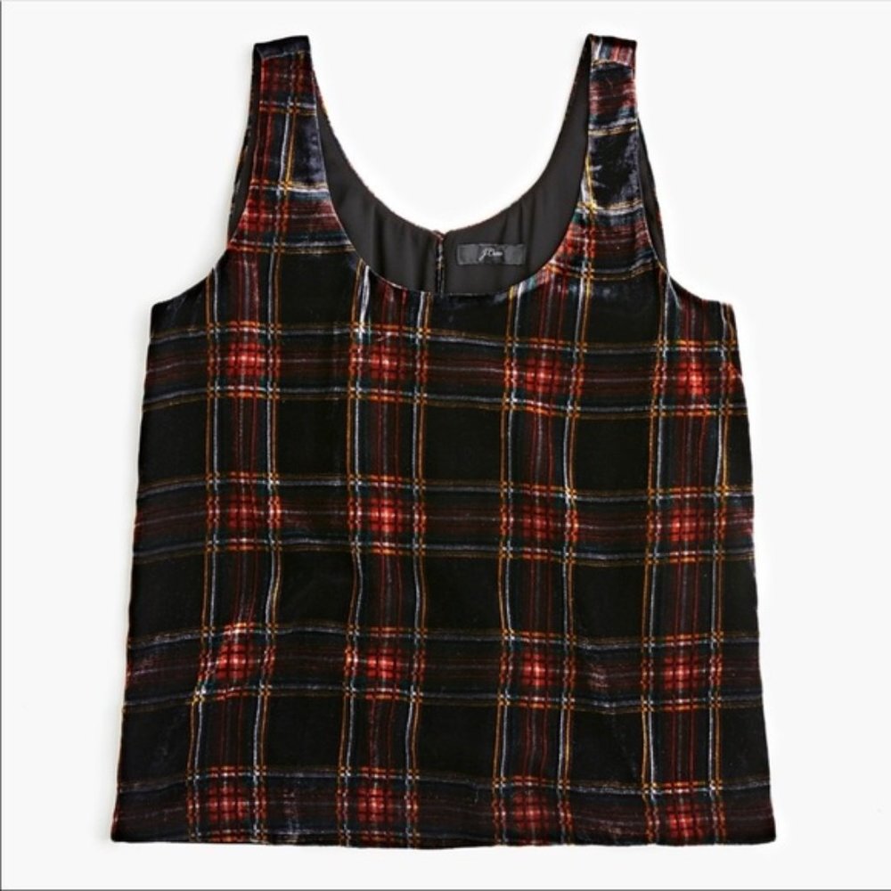 J. CREW Women’s Black Red Velvet Tank Top Size 8 Stewart Tartan Sleeveless - Picture 4 of 15
